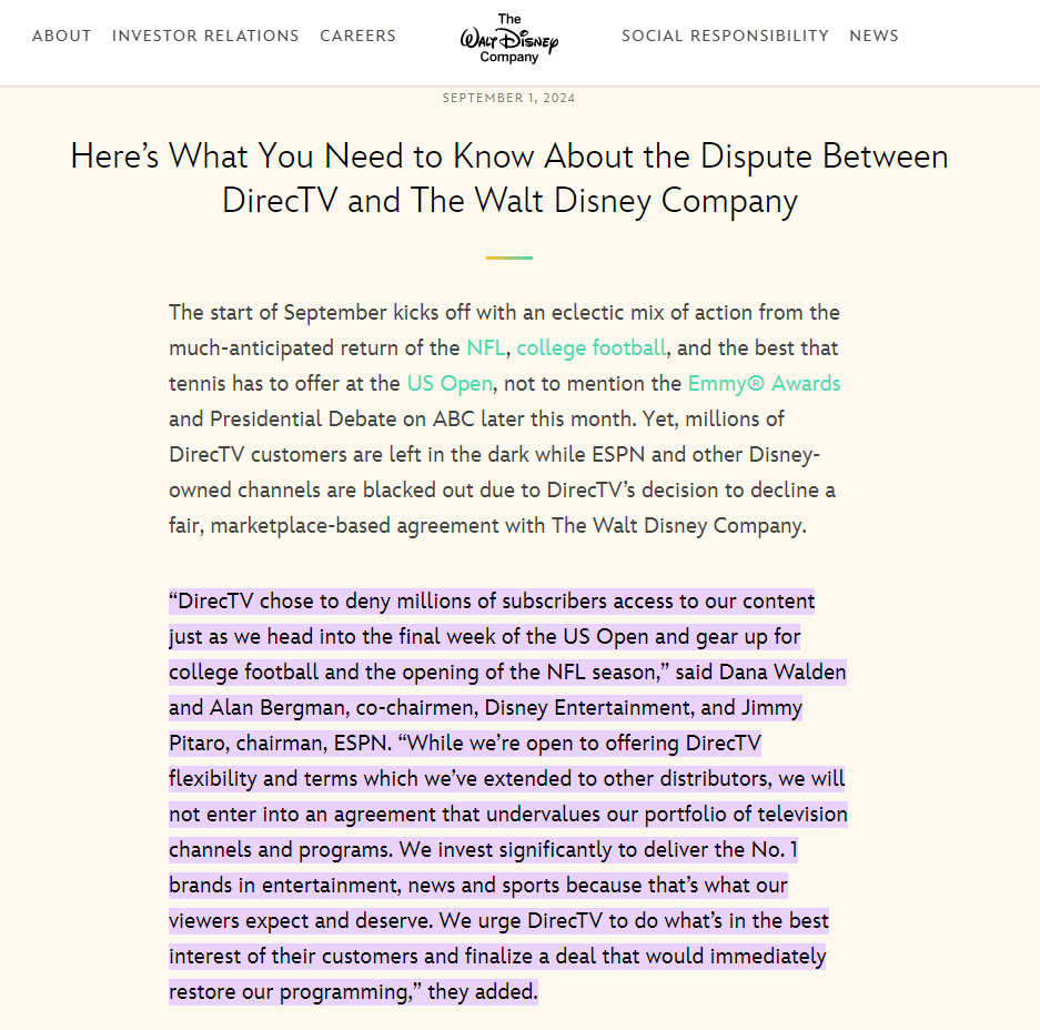 ESPN And DirecTV Dispute Leaves Millions Without Access: What You Need To Know 3 "We invest significantly to deliver the No. 1 brands in entertainment, news, and sports because that’s what our viewers expect and deserve," Disney executives Dana Walden, Alan Bergman, and Jimmy Pitaro said in a statement. (Source: THE WALT DISNEY COMPANY)