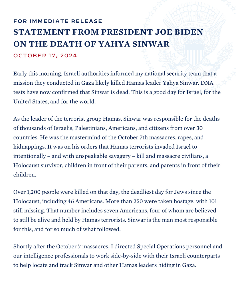 Hamas Leader Yahya Sinwar Killed in Israeli Strike 2 U.S. President Joe Biden's statement regarding Hamas leader Yahya Sinwar death. (Image Source: President Joe Biden)