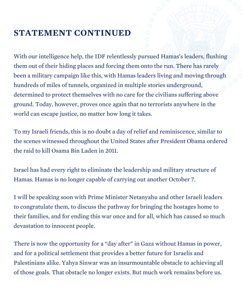 Hamas Leader Yahya Sinwar Killed in Israeli Strike 3 U.S. President Joe Biden's statement regarding Hamas leader Yahya Sinwar death. (Image Source: President Joe Biden)