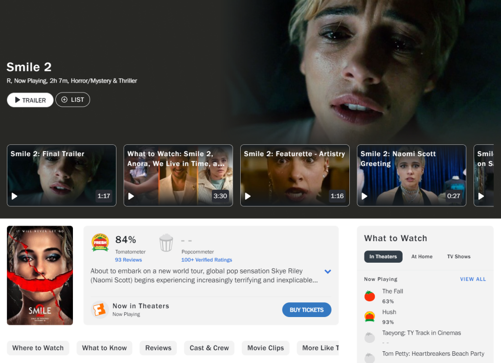 Smile 2 Rotten Tomatoes Critic Ratings have the sequel movie Smile 2 as a "Certified Fresh." (Image Source: Rotten Tomatoes)