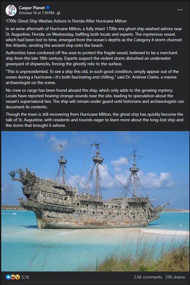 A Ghost Ship To Washed Ashore St. Augustine ? 1 The original Facebook post that claimed Hurricane Milton has washed a ghost ship in St. Augustine. (Image Source: Casper Planet)