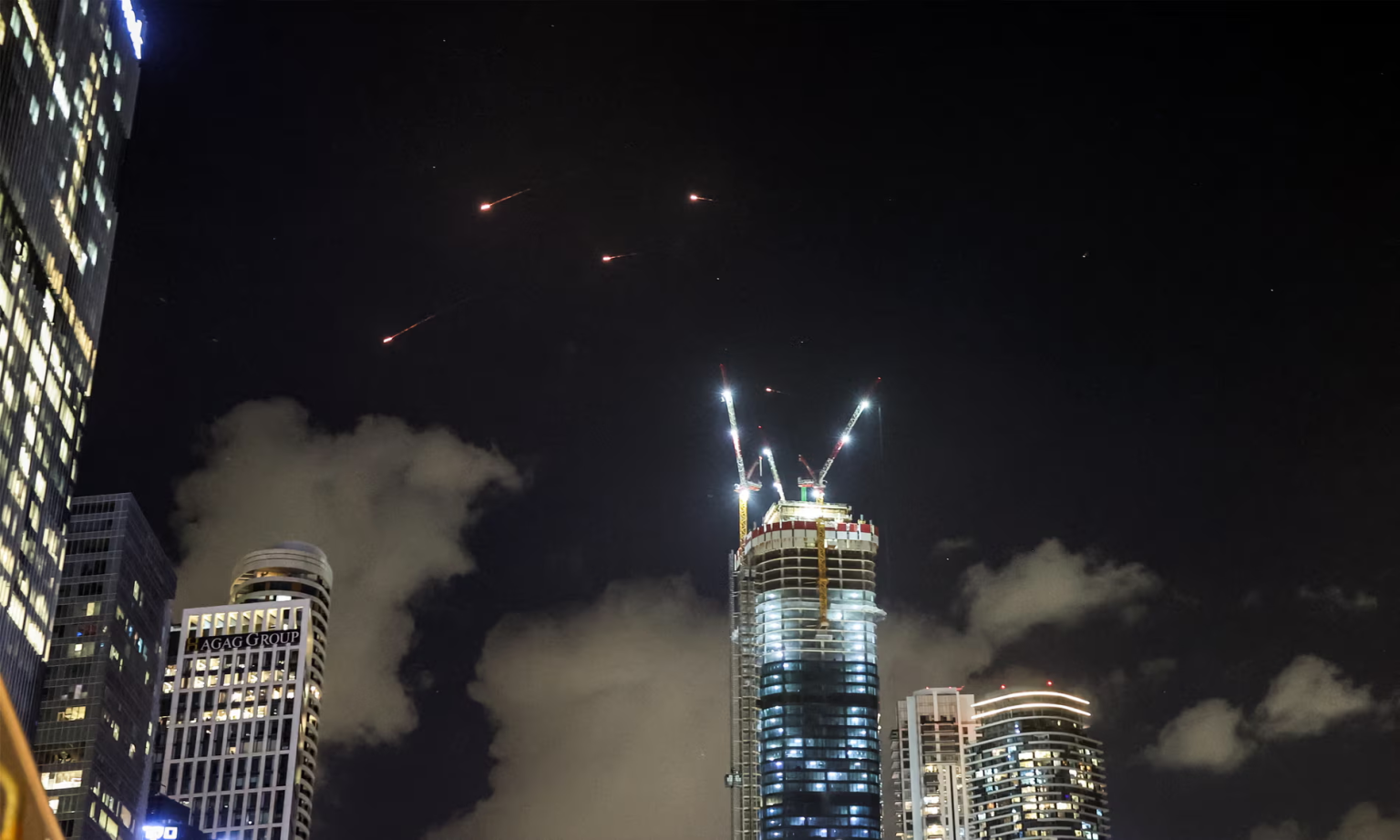 Projectiles being intercepted by Israel above Tel Aviv on Tuesday night. (Credit: Jack Guez/AFP/Getty Images)