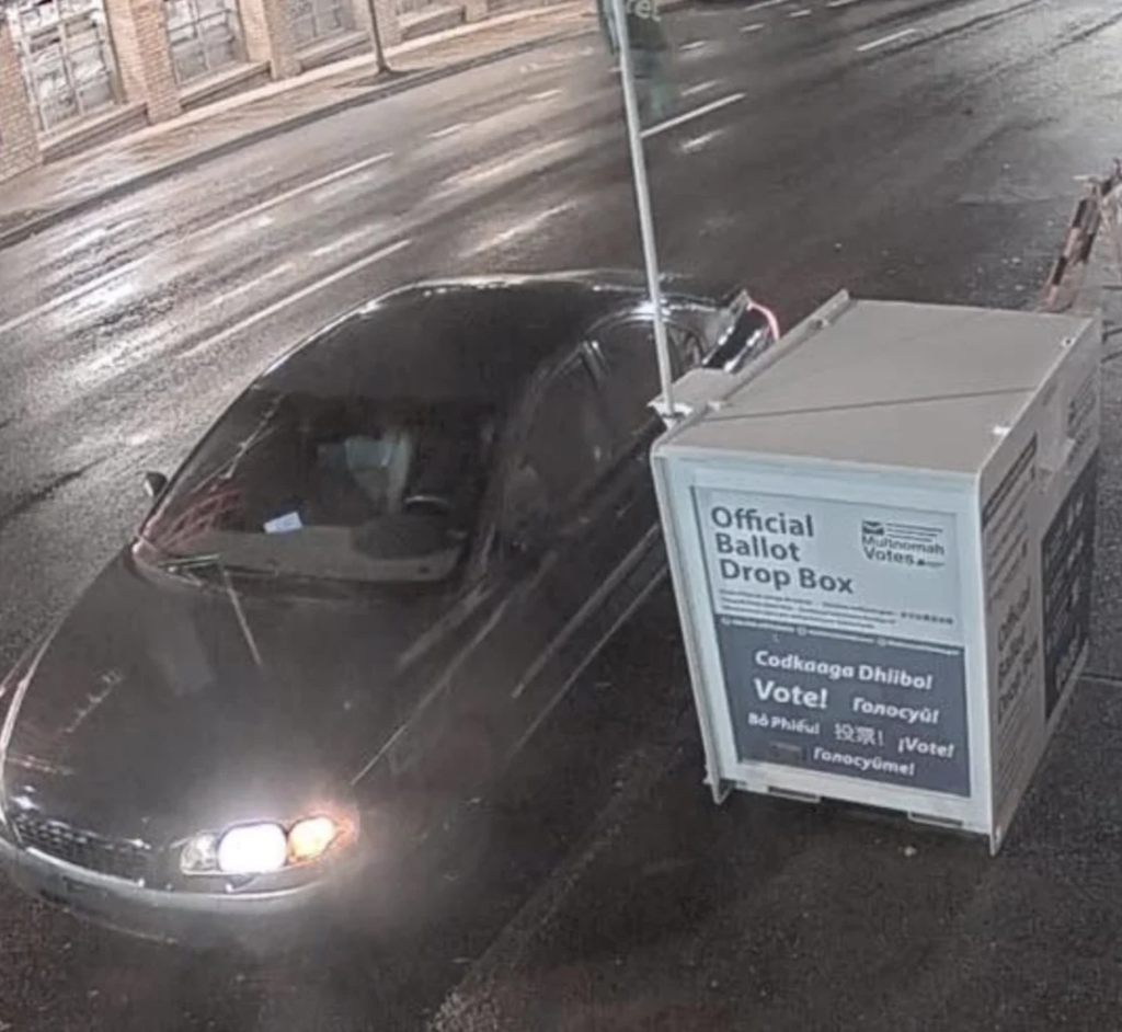 Portland police released photos of the suspected vehicle connected to the Washington ballot box fire in Southeast Portland early Monday morning. (Image Credit: Portland Police Bureau)