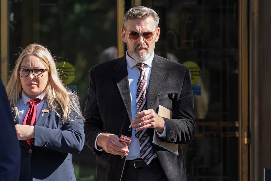 Jay Johnston emerges from U.S. District Court in Washington on Monday after his sentencing in a Jan. 6 case. (Image Credit: J. Scott Applewhite / AP)
