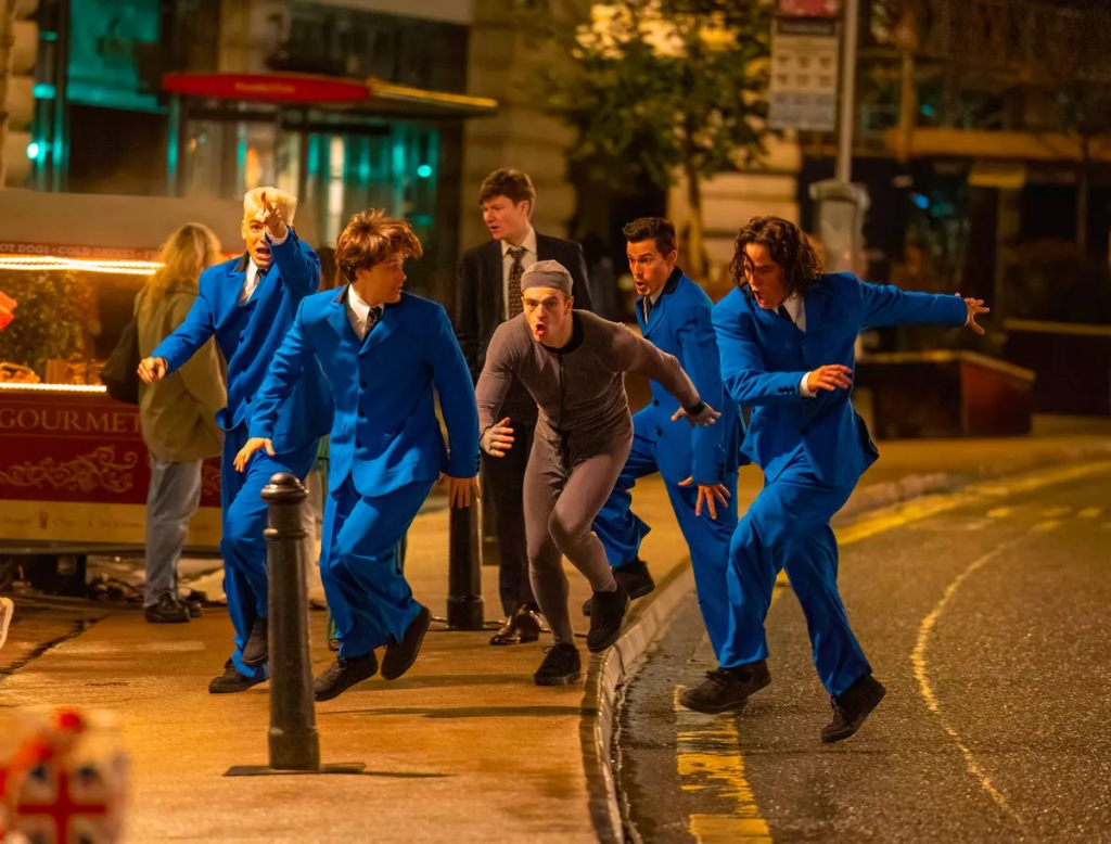 Actor Jonno Davies, who plays a young Robbie, is pictured in a CGI suit while filming the Better Man movie in London(Image Credit: CLICK NEWS AND MEDIA)