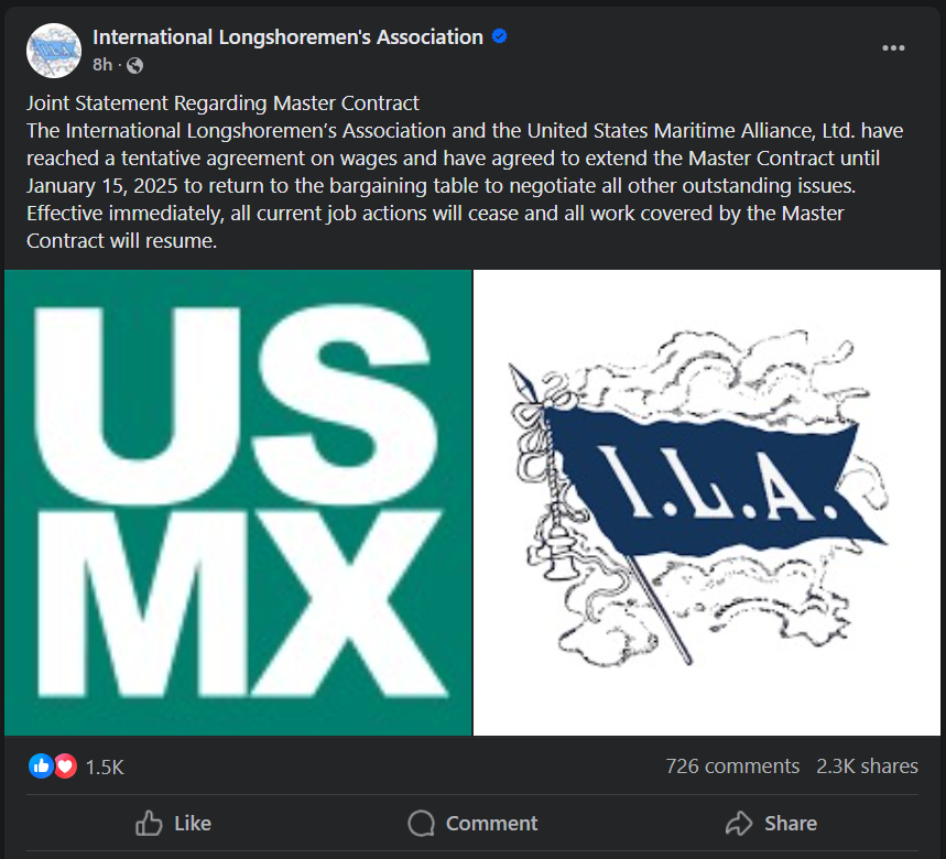Port Strike 2024 Ends As Workers Agree To Wage Deal 3 The tentative agreement halts the port strike and allows dockworkers to return to their jobs. However, the deal still needs to be ratified by the union’s rank-and-file members. (Image Source: ILA)