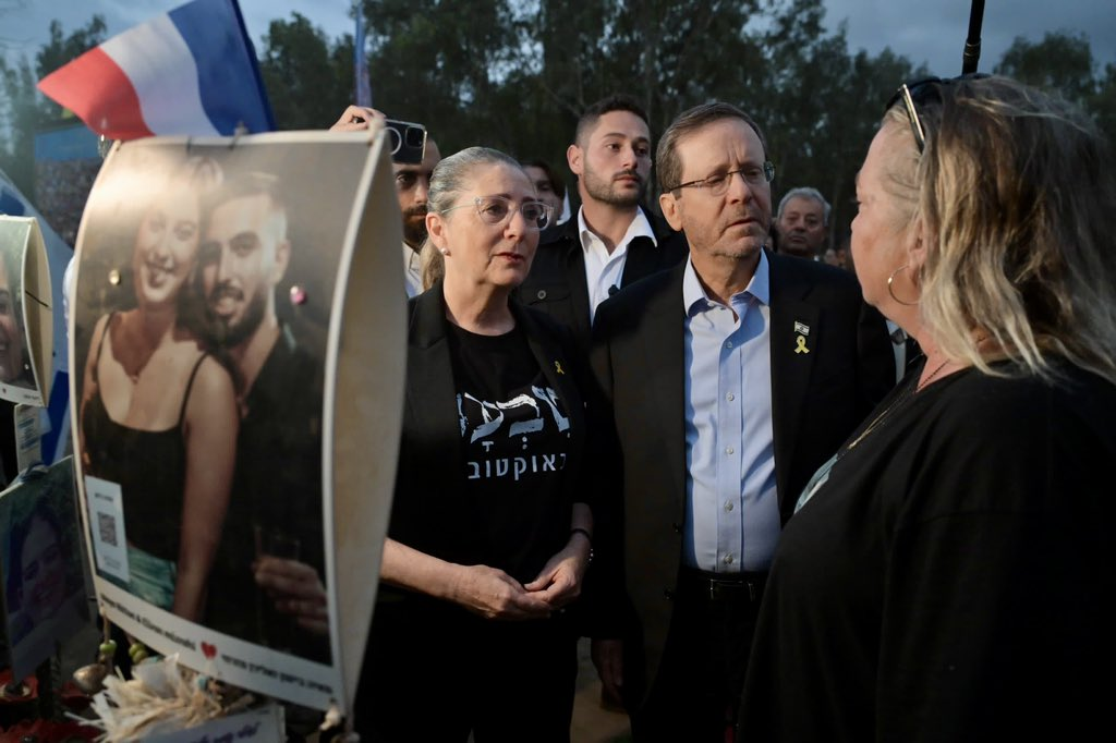 Israel President Isaac Herzog at Kibbutz Reim, a memorial site of the Nova festival for the 7 October attack on Israel. (Image Credit: Kobi Gideon/L.A.M)