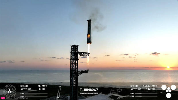 SpaceX Starship Launch: Breaking New Ground with Starship Flight 5 2 The Super Heavy booster from the launch SpaceX rocket descends to be captured by mechanical arms on the rocket's launch gantry. (Image Credit: SpaceX)