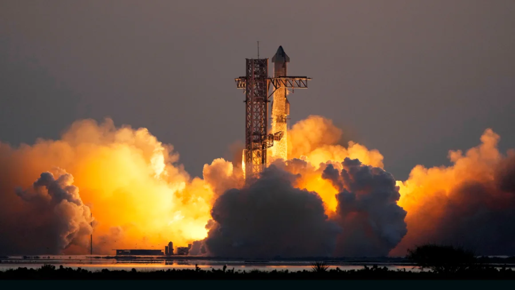 SpaceX Starship Flight 5: A Historic Launch Towards Reusability and Space Exploration. (Image Source: Eric Gay / Associated Press)