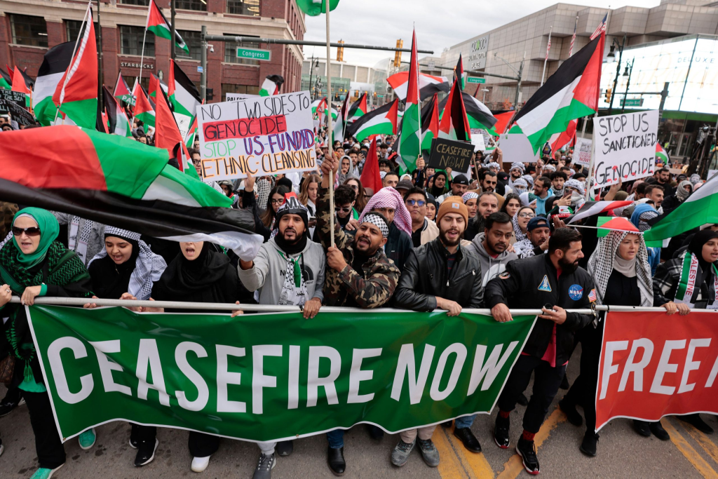 Ceasefire Between Israel and Hezbollah: A Step Towards Peace 2 Thousands of people make their way down Washington Boulevard in Detroit on Oct. 28 to call for a Hezbollah ceasefire Israel. (Credit: Jeff Kowalsky / AFP / Getty Images)