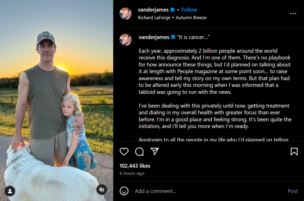 James Van Der Beek Cancer Diagnosis: ‘There’s Reason For Optimism’ 2 James Van Der Beek colon cancer post on his Instagram. (Image Credit: Instagram @vanderjames)