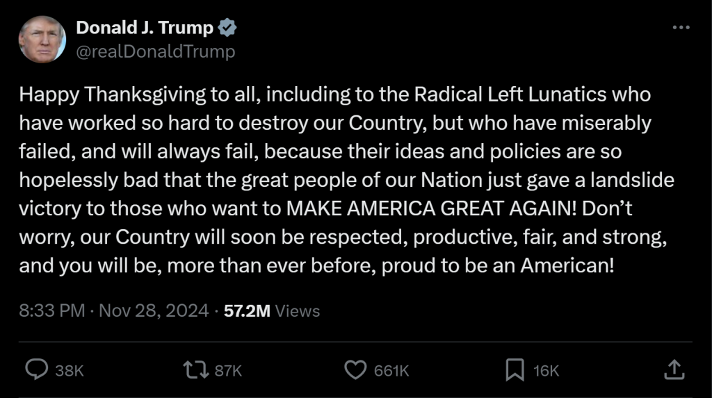 Donald Trump thanksgiving tweet has been going viral on X. (Image Credit: X/Twitter @realDonaldTrump)