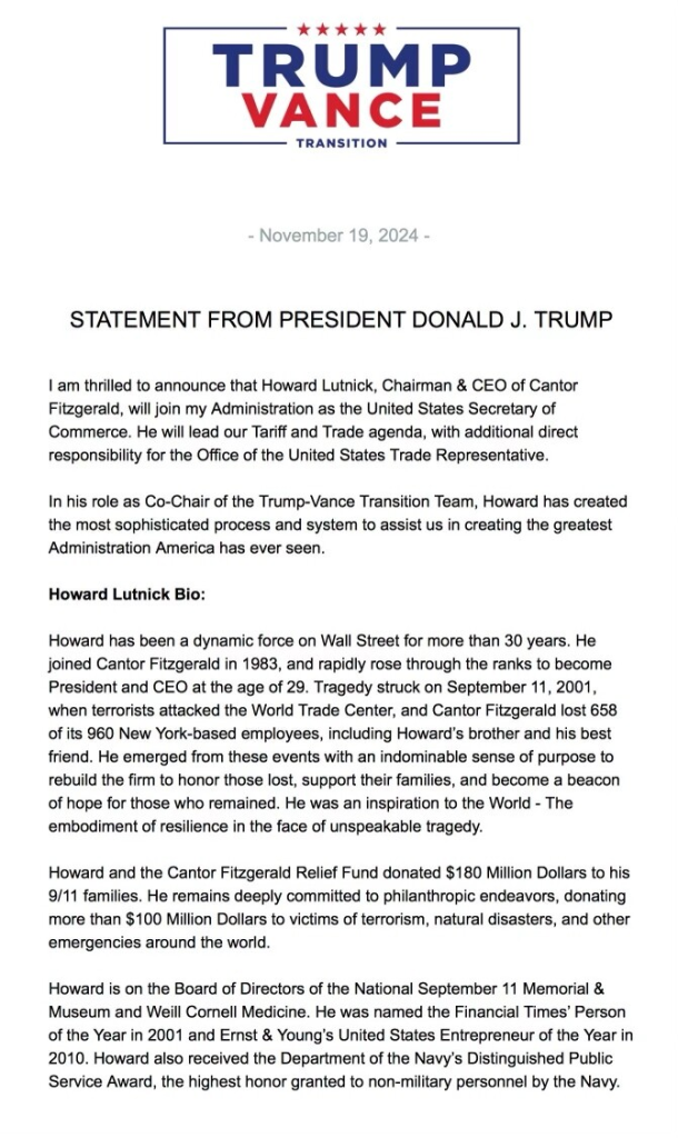 CEO of Cantor Fitzgerald Howard Lutnick commerce secretary position announced by President-elect Donald Trump. (Image Credit: TruthSocial @realDonaldTrump)