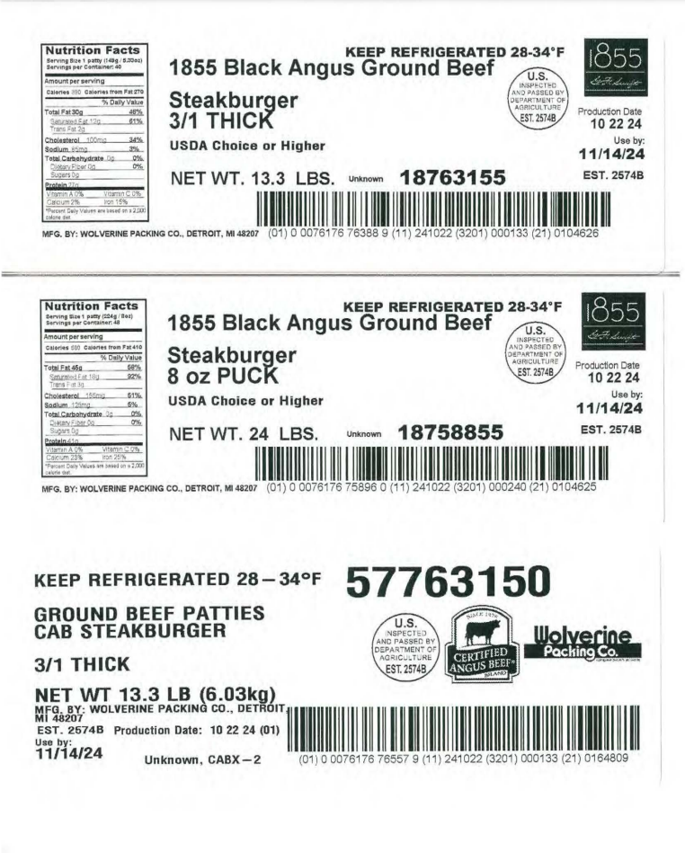Some labels of Wolverine Packing Co. ground beef recalled 2024 products. (Image Credit: USDA)