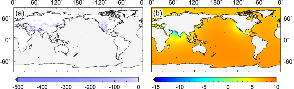 Earth Tilted 31.5 Inches: A Surprising Impact of Human Activity 1 Total groundwater storage change on land (a) and the associated sea level variation (b) for 1993–2010 (in mm of water) that contributed to Earth tilted 31.5 inches. (Image Credit: Ki-Weon Seo)