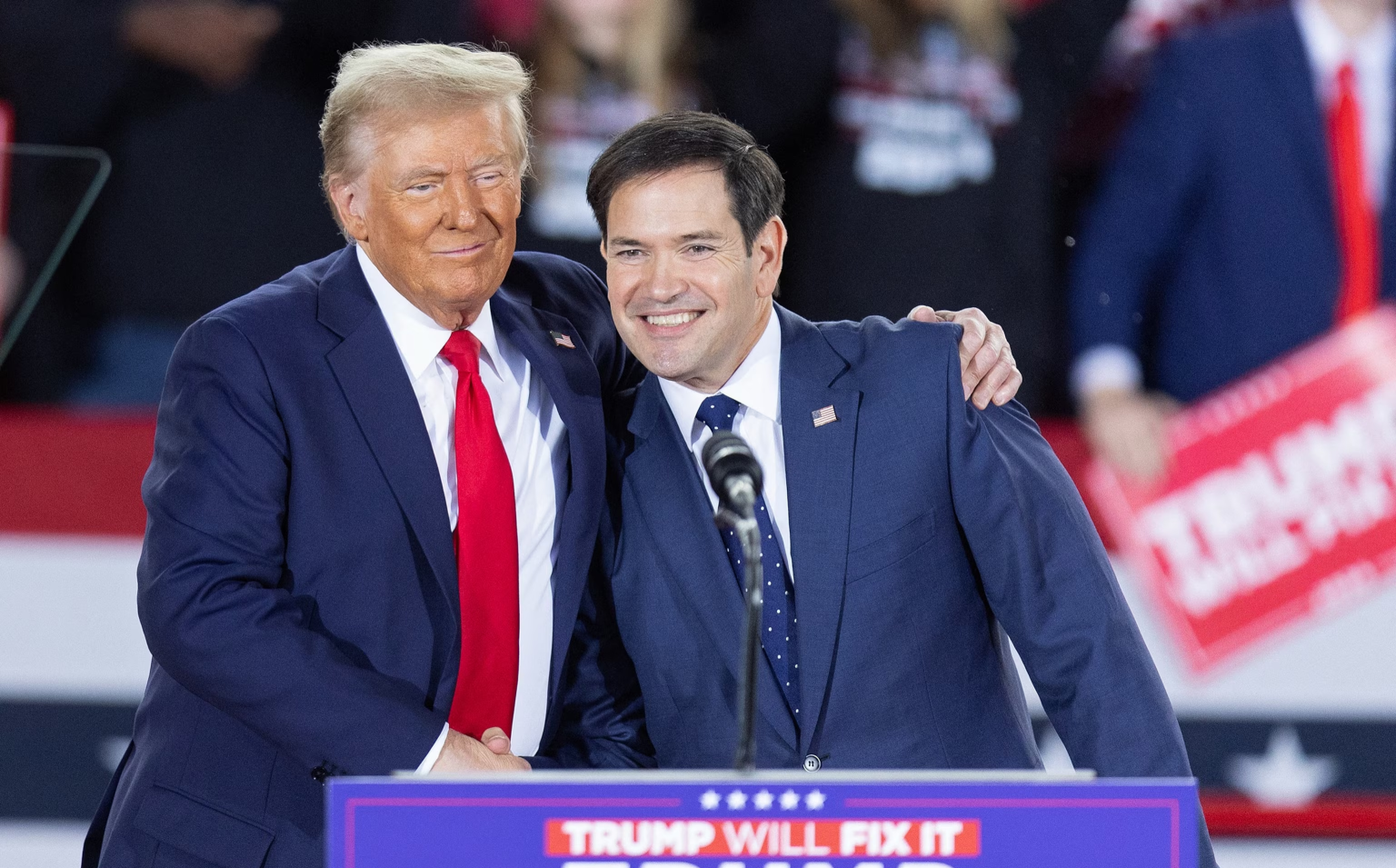 President-elected Donald Trump greets Senator Marco Rubio during a campaign rally at the J.S. Dorton Arena in Raleigh, N.C., on Nov. 4, 2024. (Image Credit: ABC News)