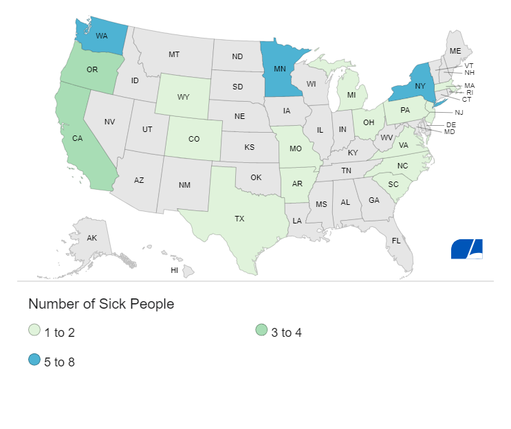Organic Carrot Recall 2024 Sparks E. Coli Concerns: What You Need To Know 1 The map shows where the 39 people in this E. coli outbreak lived, including ones affected by the organic carrot E. coli. (Image Credit: CDC)