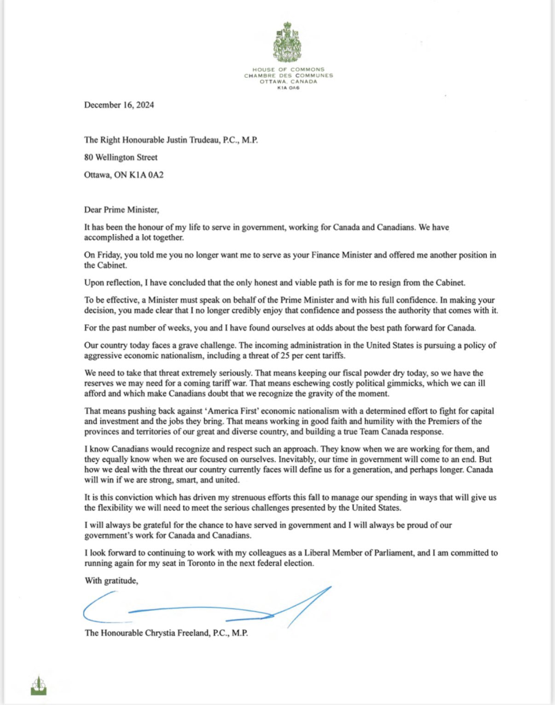 Justin Trudeau Resignation Speculations: Will He Step Down ? 3 Chrystia Freeland’s departure letter to the Canada's Prime Minister. Could this be the domino effect that lead to Justin Trudeau resignation letter as well ? (Image Credit: Chrystia Freeland)