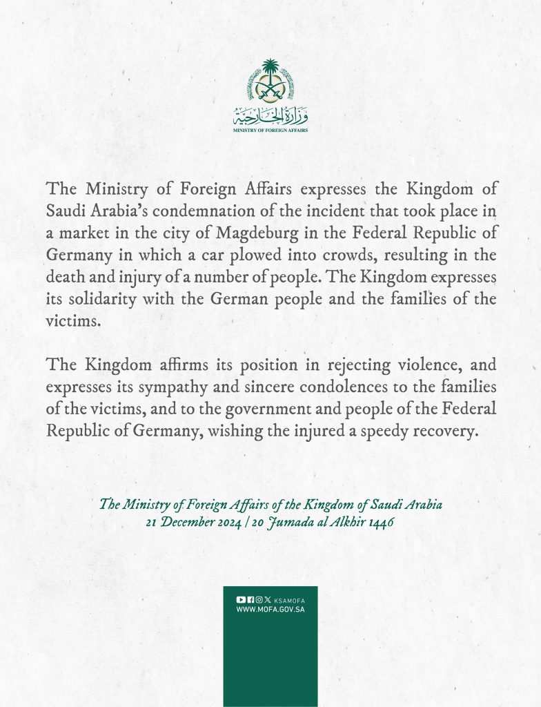 Tragedy at Magdeburg Christmas Market Attack: What We Know 4 Saudi Arabia Foreign Affairs condemned the attack on the Christmas marketplace. (Image Credit: Ministry of Foreign Affairs of the Kingdom of Saudi Arabia)