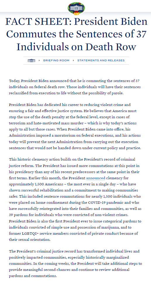 Biden Commutes Sentences of 37 Federal Death Row Inmates 1 Joe Biden commutes sentences White House Fact Sheet explaining his thought process about the move. (Image Source: White House)