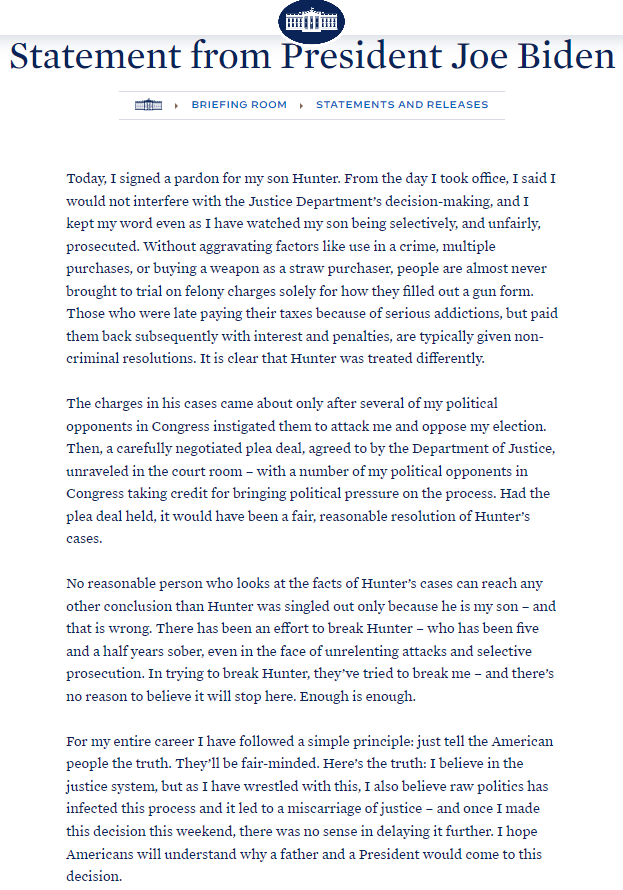 Did President Biden Pardon Hunter? A Controversial Decision 2 Joe Biden pardons Hunter Biden in the official statement from The White House. (Image Credit: President Joe Biden)