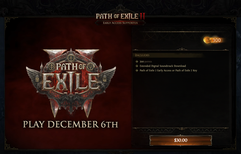 To enter Path of Exile 2 early access, you will need the Path of Exile 2 Early Access Key. The starting pack to get the Key is $30. (Image Source: Grinding Gear Games)