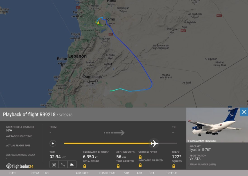 Bashar al-Assad plane crash flight path, as the rumors amongst the rebels would suggest. (Image Source: flightradar24)