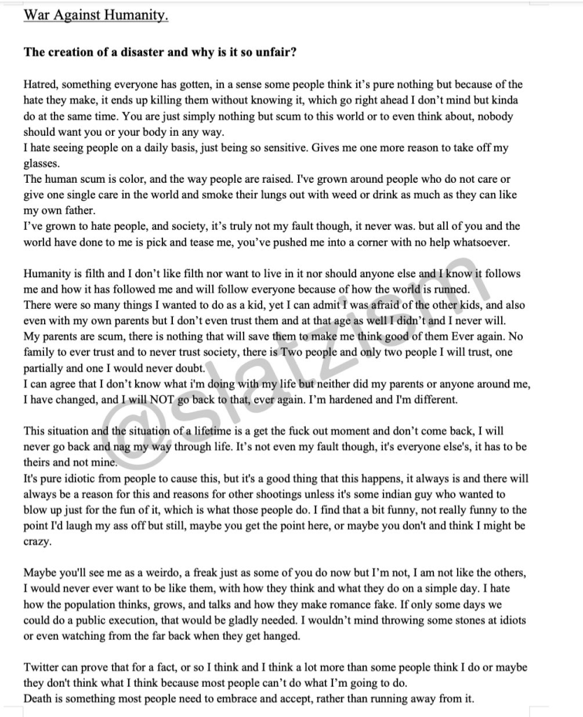 Wisconsin School Shooting: Shool Shooter Identified as Trans 6 The possibly full manifesto of the trans school shooter that was allegedly leaked by their friend. (Image Source: Twitter / X @Slatzism)