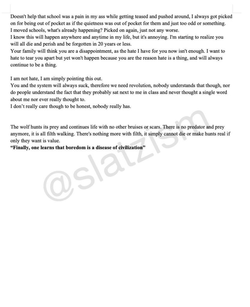 Wisconsin School Shooting: Shool Shooter Identified as Trans 9 The possibly full manifesto of the trans school shooter that was allegedly leaked by their friend. (Image Source: Twitter / X @Slatzism)