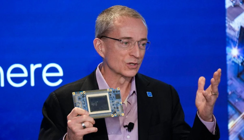 Intel CEO Pat Gelsinger speaks while holding a new chip, called Gaudi 3, during an event called AI Everywhere in New York, on Dec. 14, 2023. (Credit: AP Photo/Seth Wenig)