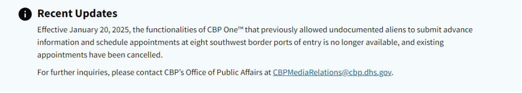 Trump Administration Shuts Down CBP One App In His First Day 1 CBP shutdown notification on the official website. (Image Source: U.S. Customs and Border Protection)