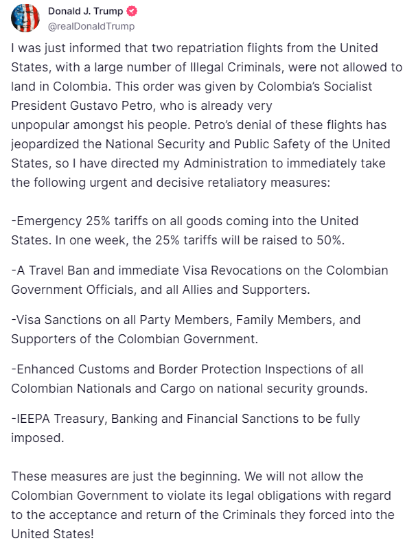 President Donald Trump's initial tariffs threats to Colombia on Truth Social. (Image Source: Truth Social @realDonaldTrump)