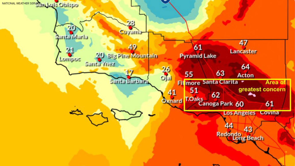 Pacific Palisades Fire Map Updates: What You Need to Know 3 The National Weather Service said what could be the strongest Santa Ana windstorm in more than a decade began Tuesday across Los Angeles and Ventura counties and will peak in the early hours Wednesday when gusts could reach 80 mph. (Image Credit: National Weather Service)