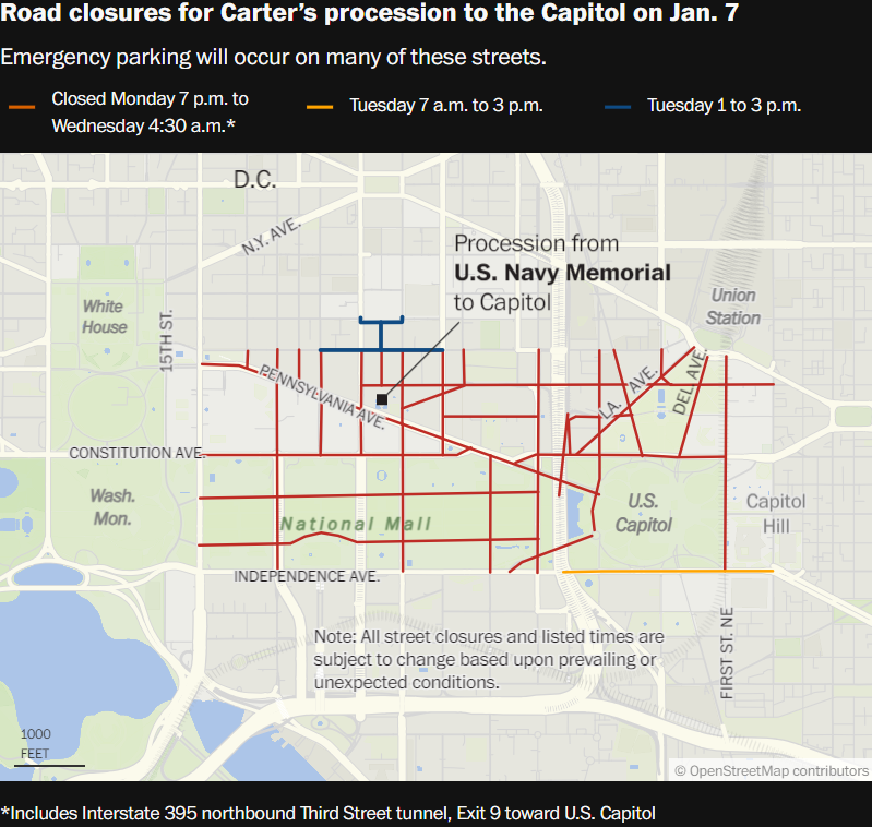 Road closures for Carter’s procession to the Capitol on Jan. 7 (Image Source: D.C Police)