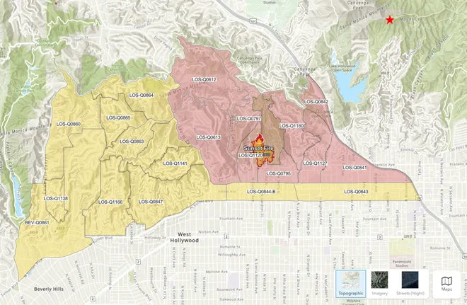 Fact Check: Did the Hollywood Sign Burned Down? 1 Map of evacuation orders and the Sunset Fire, as of 7:20 a.m. PT on Thursday, Jan. 9, 2025. Areas in red are under evacuation orders and areas in yellow are under evacuation warnings. The star at the top right of the map indicates the location of the Hollywood Sign. (Image Credit: California Department Of Forestry And Fire Protection)
