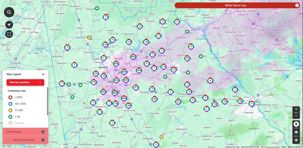Georgia Power Outage Due To Winter Storm: What You Need To Know 1 Georgia Power outage map as of Jan. 10, 2025. The heavy Winter storm has affected much of the powergrid infrastructure. (Image Source: Georgia Power)