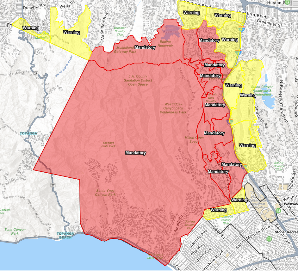 Encino Fire: Palisades Blaze Forces Widespread Evacuations 1 The Encino evacuation map, some areas in Encino are mandatory evacuation orders. (Image Source: LAFD)