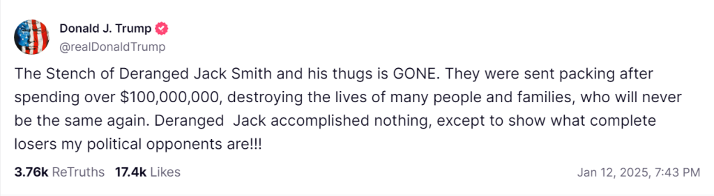 Special Counsel Jack Smith Resigns Amid Trump's Prosecutions 2 President-elect Donald Trump celebrated Smith’s resignation on Truth Social. (Image Source: Truth Social @realDonaldTrump)