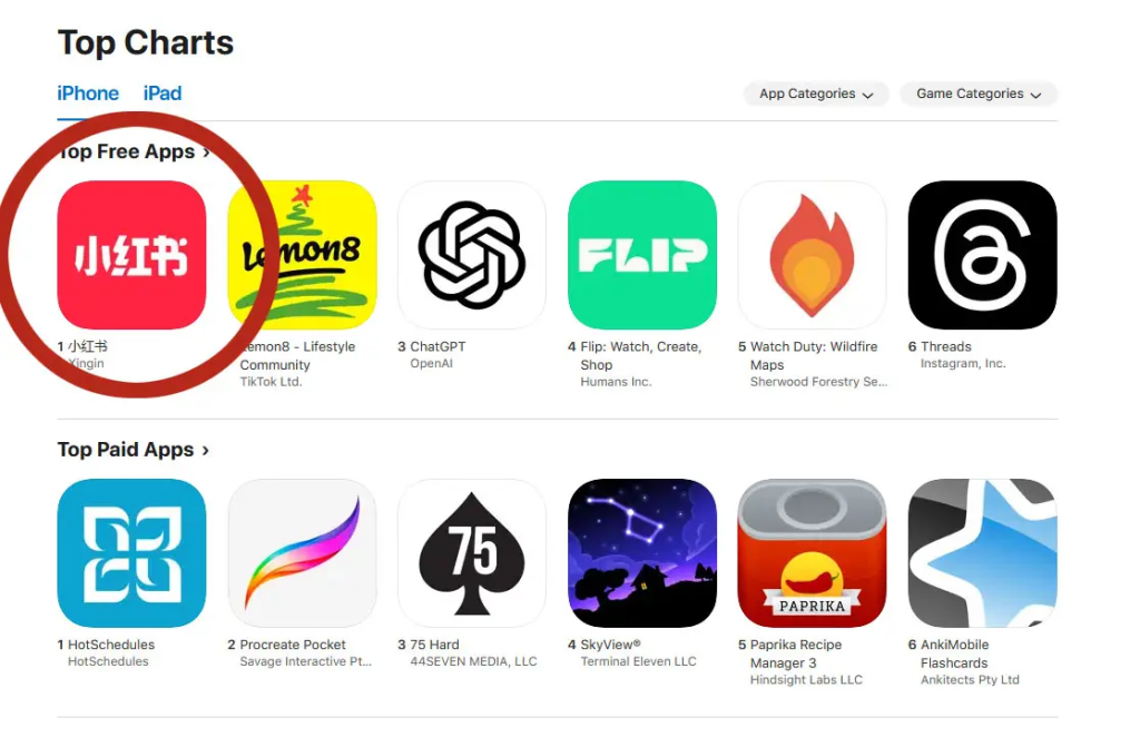 RedNote was the most downloaded app on the Apple Store as of Jan. 13, 2025. (Image Source: Apple)