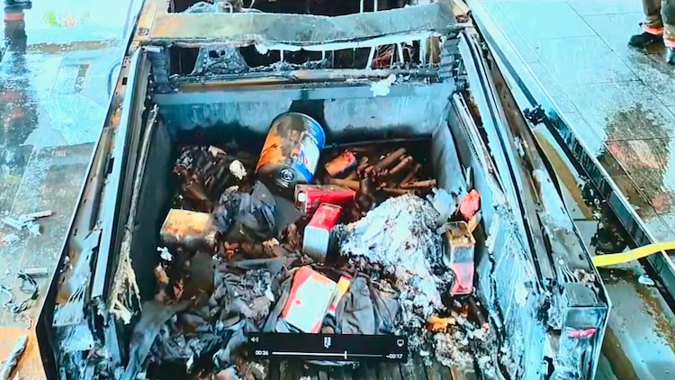 Burned gas cans, camping canisters, and fireworks mortars can be seen in the back of a Tesla Cybertruck that exploded outside the Trump Las Vegas hotel in Nevada, Jan. 1, 2025. (Image Source: LVMPD)