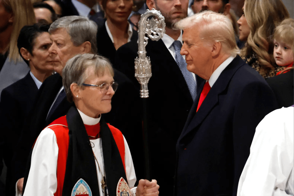 The "woke" Bishop Mariann Edgar Budde with President Donald Trump at the National Prayer Service. (Credit: Chip Somodevilla / Getty Images)