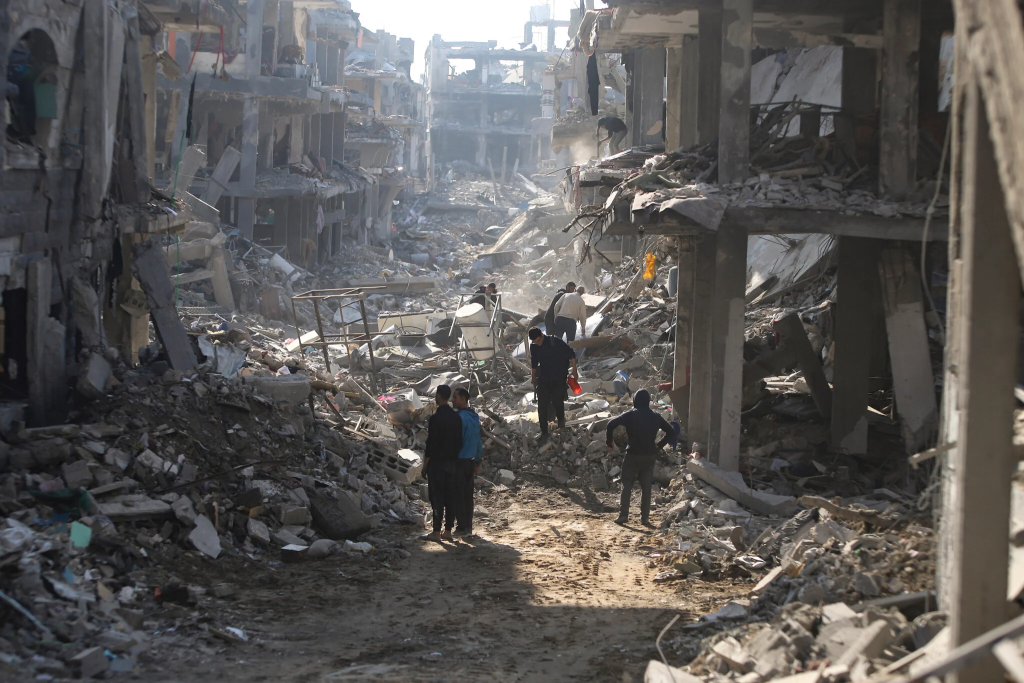 Palestinians returned inspect to their houses, which were destroyed during the war between Israel and Hamas, in Jebaliya, Gaza Strip on January 29, 2025. (Image Credit: Jehad Alshrafi / AP)