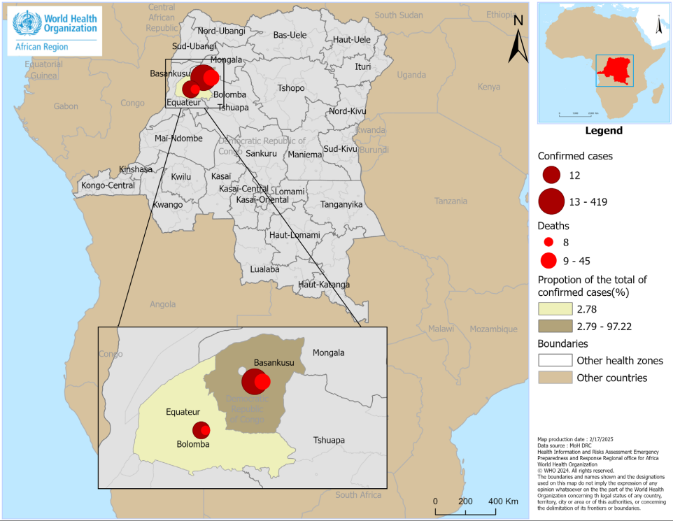 Mystery Illness in Congo Claims Over 50 Lives 2 Geographic distribution of cases and deaths of the mystery illness in Congo in the Équateur Province on 21 January – 15 February 2025. (Image Credit: World Health Organization)