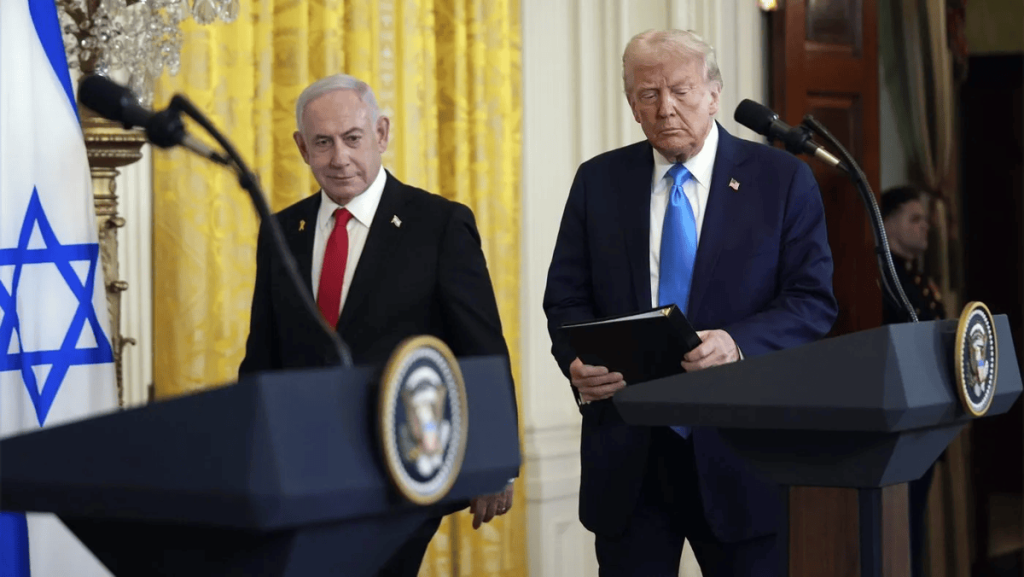 Trump Proposes U.S. Takeover of The Gaza Strip U.S. President Donald Trump and Prime Minister Benjamin Netanyahu at news conference in the East Room of the White House, February 4, 2025, in Washington. (Image Credit: Evan Vucci / AP)