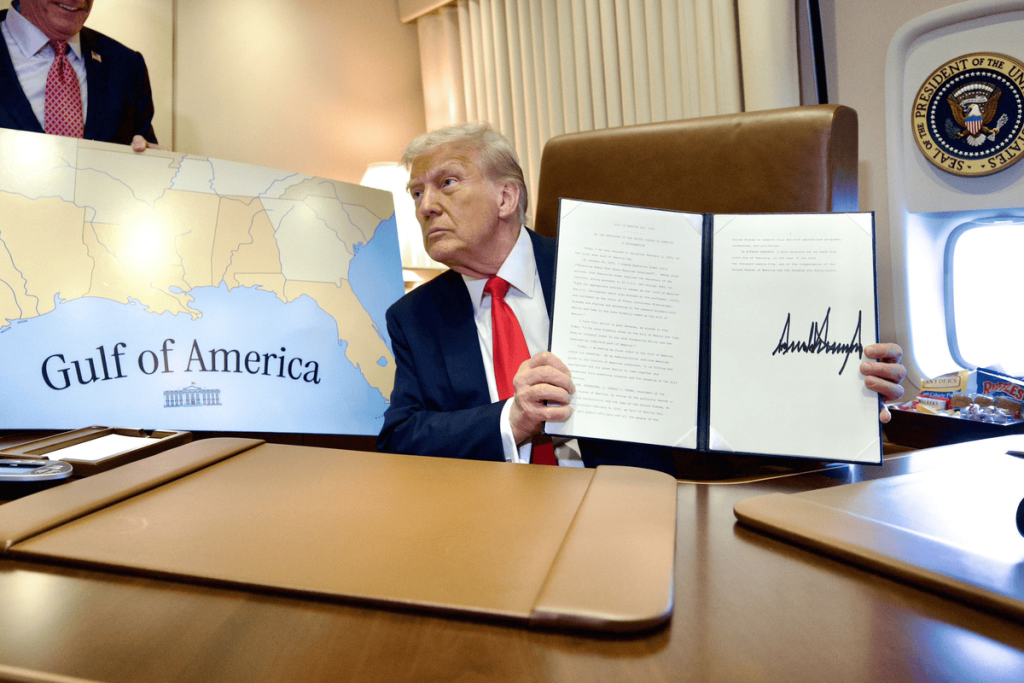 President Trump Signs Executive Orders To Proclaims Today is Gulf of America Day on Air Force One while Flying Over It, On His Way To The Super Bowl in Louisiana. (Image Credit: AP)