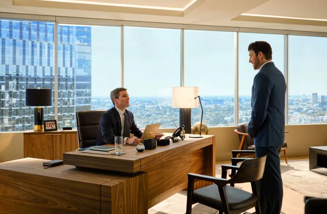 Ted Black (Stephen Amell) and Rick Dodson (Bryan Greenberg) in the pilot episode of "Suits LA." (Image Credit: NBCUniversal)