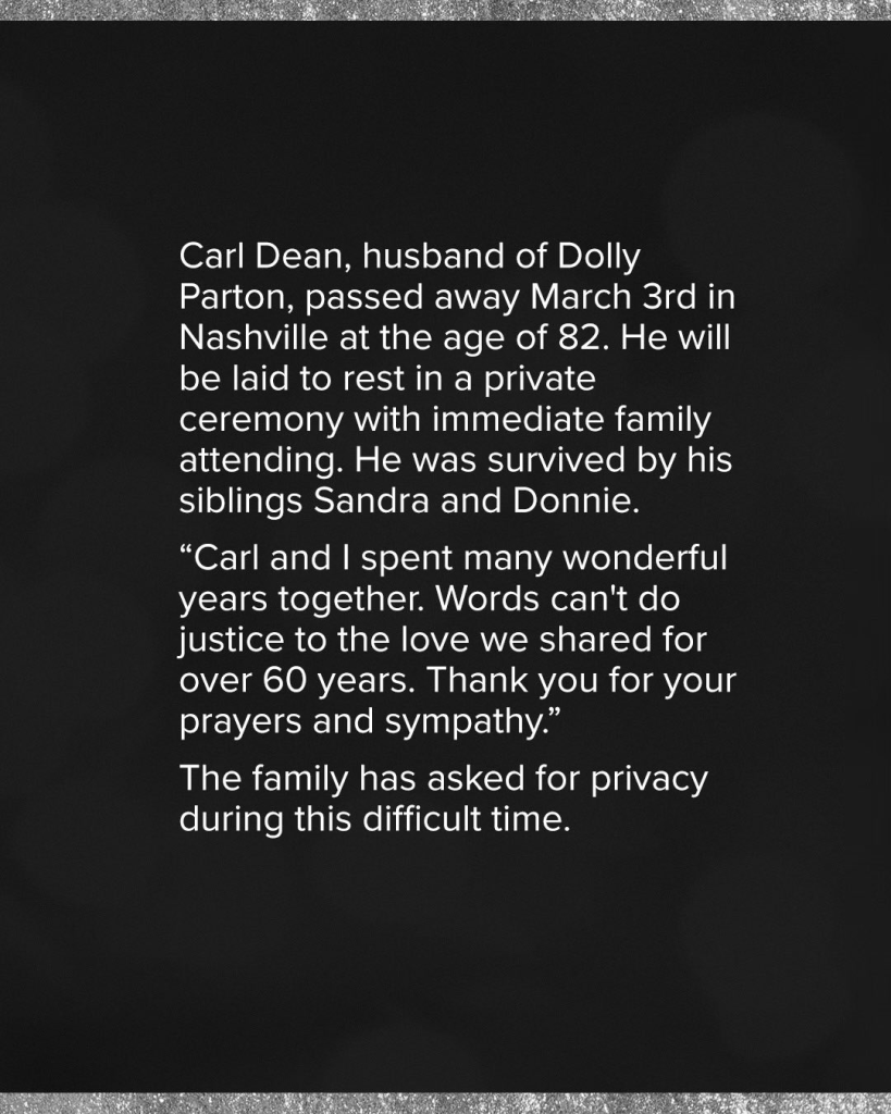 Dolly Parton has released a statement regarding her husband's passing but Carl Dean’s cause of death has yet to be revealed. (Image Credit: Dolly Parton Social Media)
