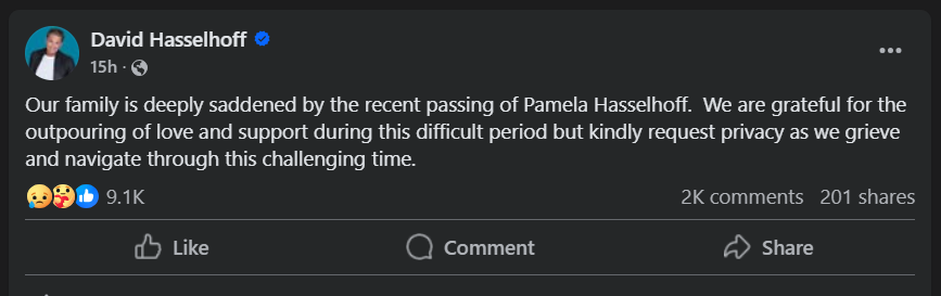 Pamela Bach, Baywatch Star and David Hasselhoff's Ex-Wife, Dies by Suicide at 62 2 David Hasselhoff's statement regarding his Pamela Bach's death by suicide. (Image Source: David Hasselhoff Social Media)