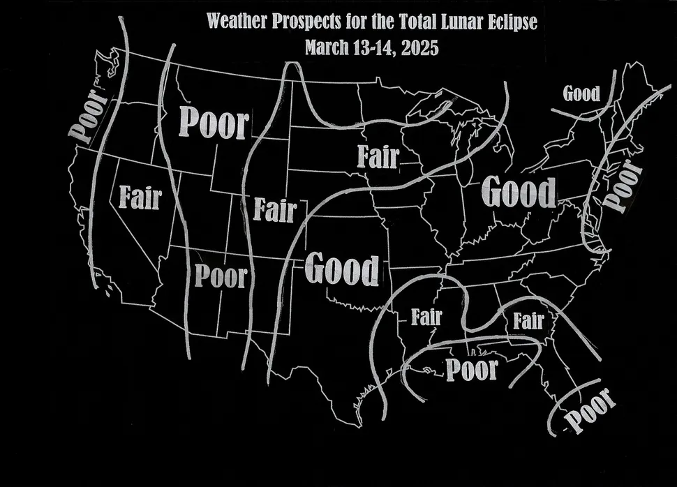 How To Watch The Blood Moon Eclipse Tonight? 4 Map indicating what viewing conditions can be expected during the blood moon total lunar eclipse overnight on March 13-14, 2025. (Image Credit: Joe Rao)