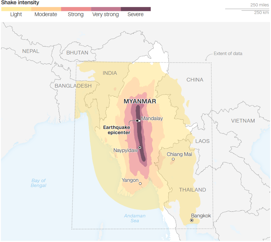 Death Toll in Myanmar Surpasses 1,000 After Biggest Earthquake Ever 2 7.7-magnitude quake hits Myanmar on Friday, March 28, at 12:50 p.m. local time. (Image Source: United States Geological Survey / CNN)
